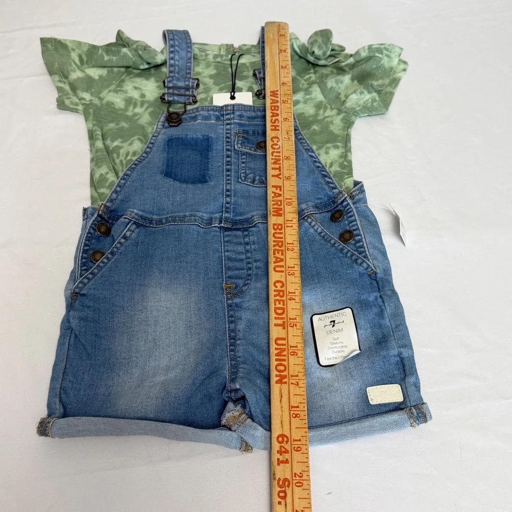 7 For All Mankind Girls 3T‎ Denim Shortalls & Green Tie Dye T-Shirt Outfit Boho